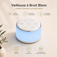 Infographie en français présentant une machine à bruit blanc allumée diffusant une lueur bleu clair sur fond beige, détaillant ses fonctionnalités (34 sons apaisants, minuteur 30/60/90 min, 7 couleurs de veilleuse, qualité premium, sûr et non toxique, conforme aux normes européennes CE).