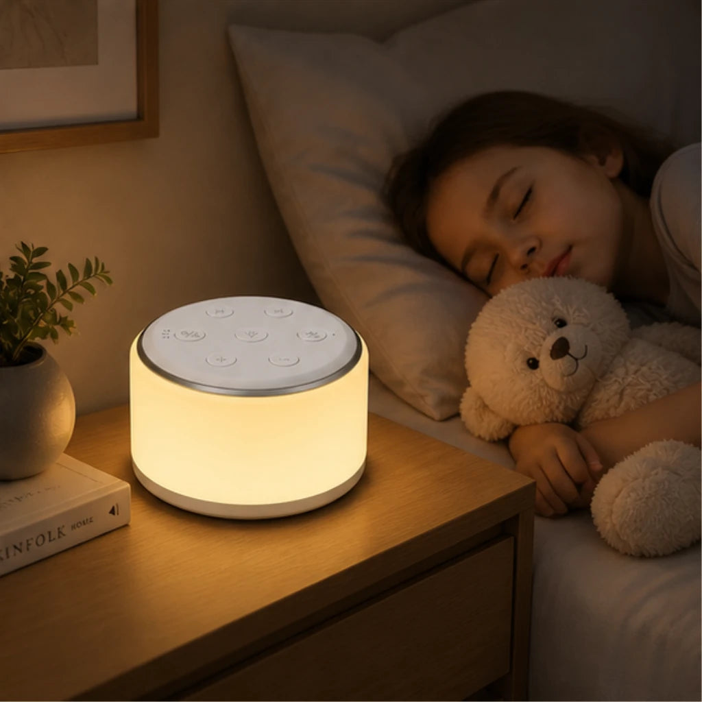 Machine à bruit blanc et veilleuse cylindrique allumée sur une table de chevet en bois, diffusant une lueur chaude et tamisée. À côté, une petite fille dort paisiblement dans son lit en serrant un ours en peluche blanc contre elle, illustrant une ambiance sereine propice au sommeil.