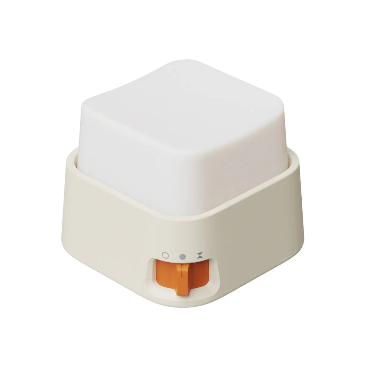 Mini veilleuse anti-stress cubique blanche avec base beige et interrupteur orange sur fond blanc