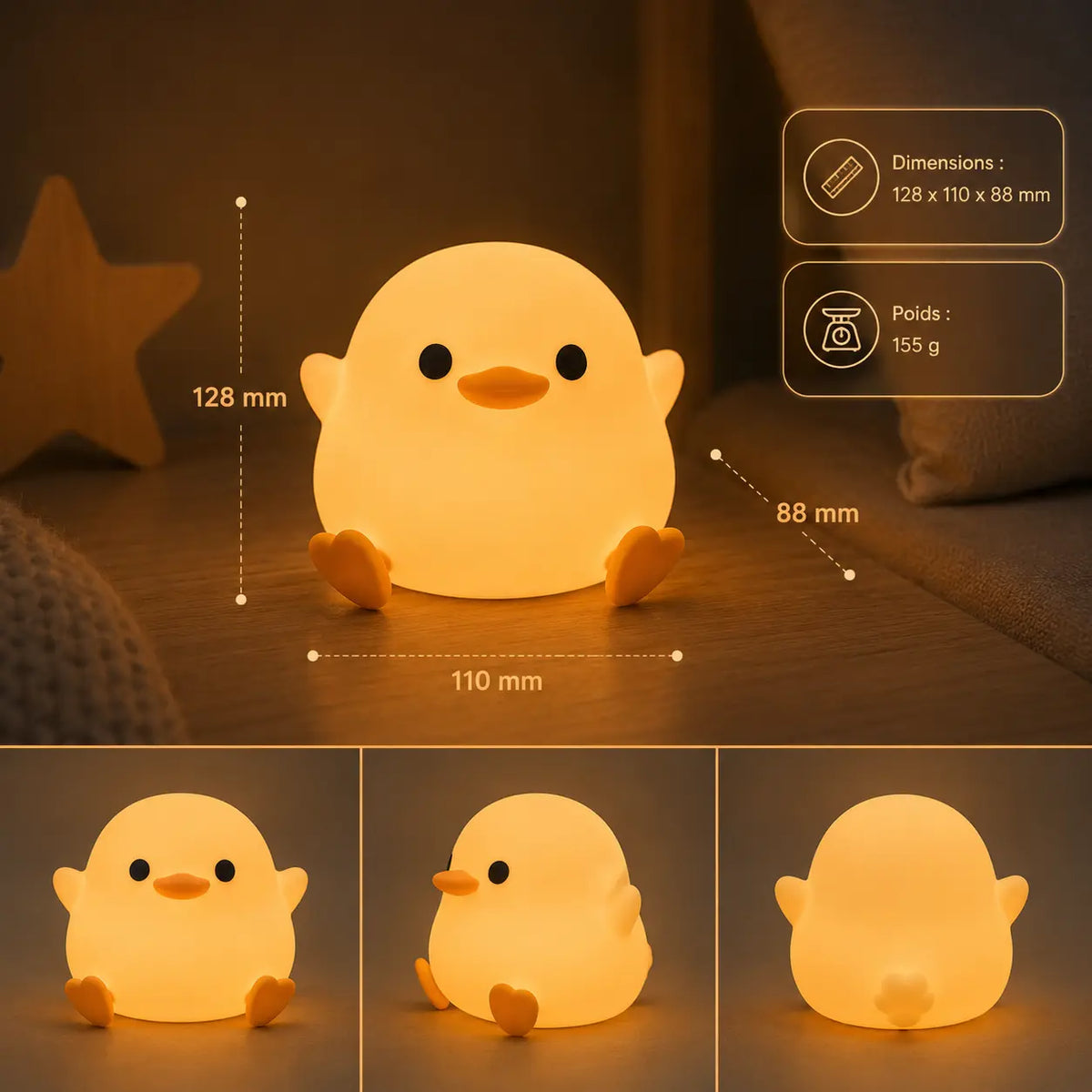Fiche technique de la petite veilleuse canard affichant ses dimensions de 128 x 110 x 88 mm et un poids de 155 g, avec trois vues d'angle de face, de trois-quarts et de dos.