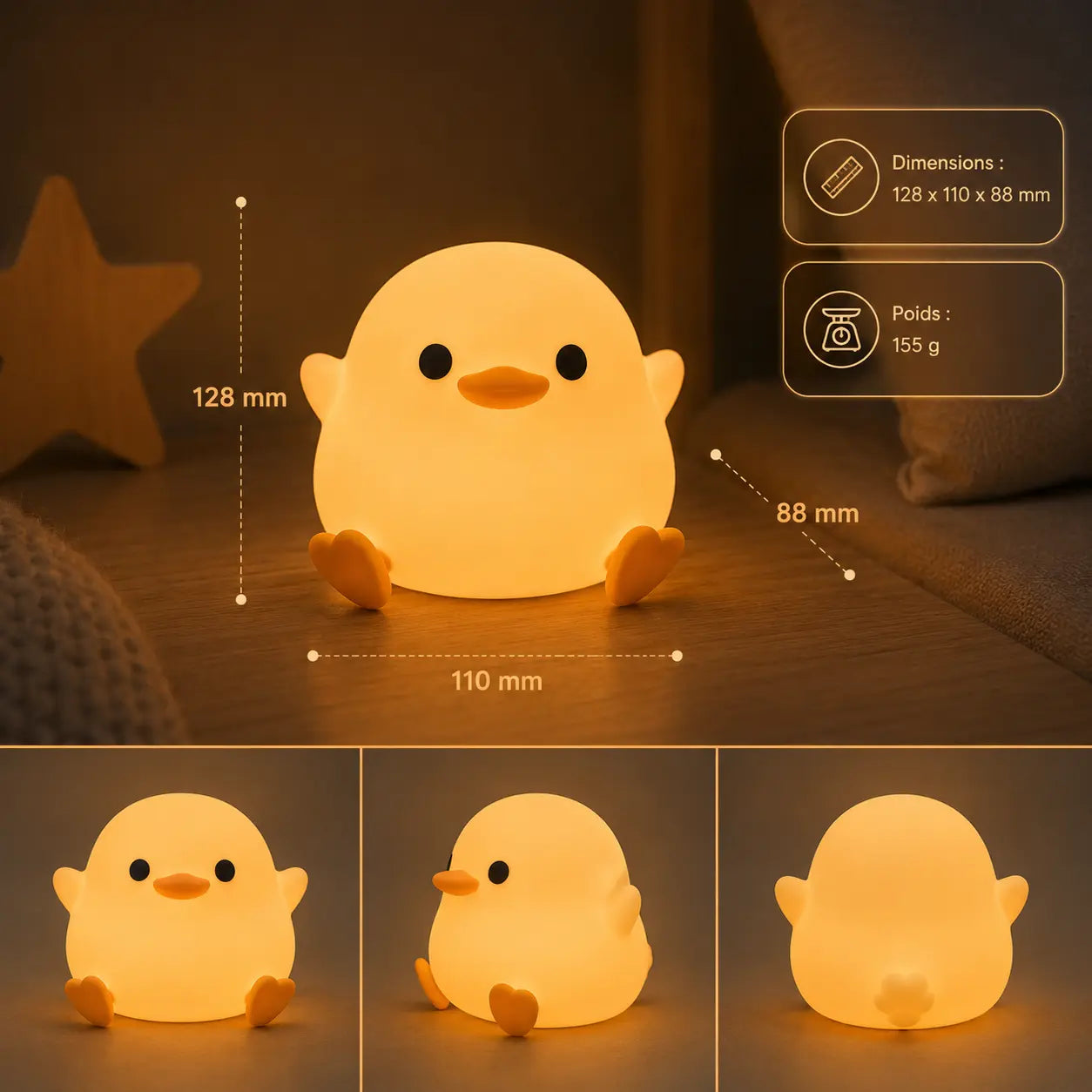 Fiche technique de la petite veilleuse canard affichant ses dimensions de 128 x 110 x 88 mm et un poids de 155 g, avec trois vues d'angle de face, de trois-quarts et de dos.