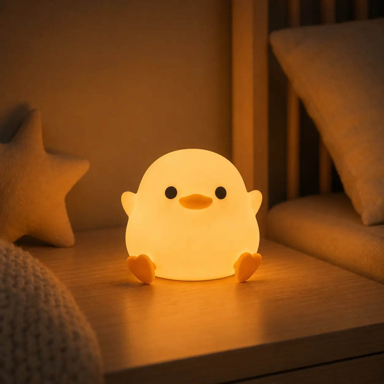 Petite veilleuse canard en silicone souple émettant une lumière chaude et apaisante, posée sur une table de chevet en bois.