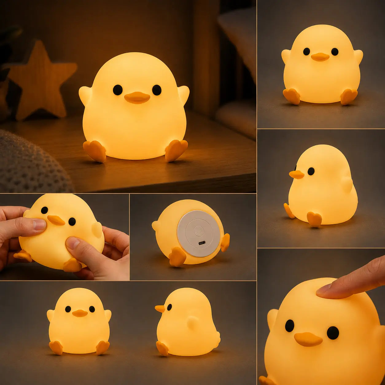 Grille de photos de la petite veilleuse canard sous tous les angles : vues de face et profil, démonstration de la matière en silicone souple sous la pression des doigts, et base de recharge USB.