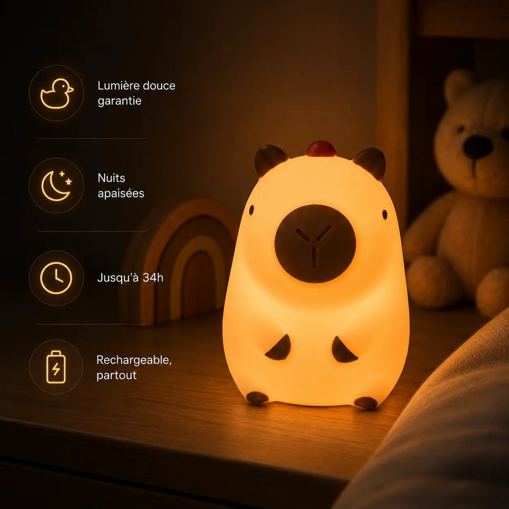 Petite veilleuse capybara en silicone lumineuse et rechargeable sur une table de chevet d'enfant