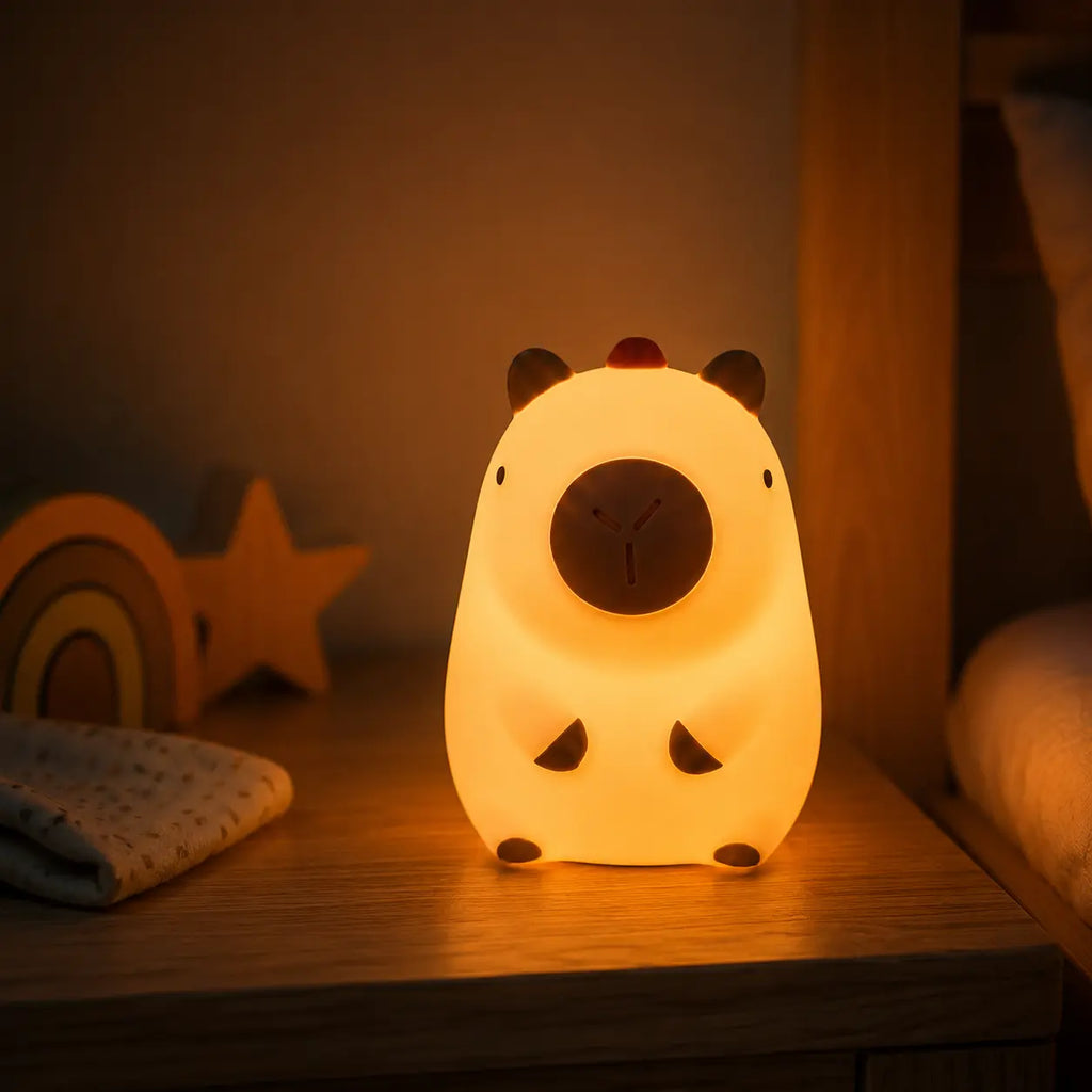 Petite veilleuse capybara en silicone souple émettant une lumière chaude et apaisante, posée sur une table de chevet en bois.