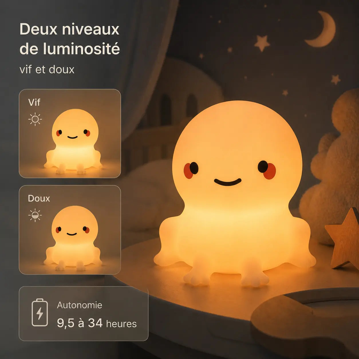 Petite veilleuse grenouille montrant les deux niveaux de luminosité réglables (vif et doux) et son autonomie de batterie de 9,5 à 34 heures.