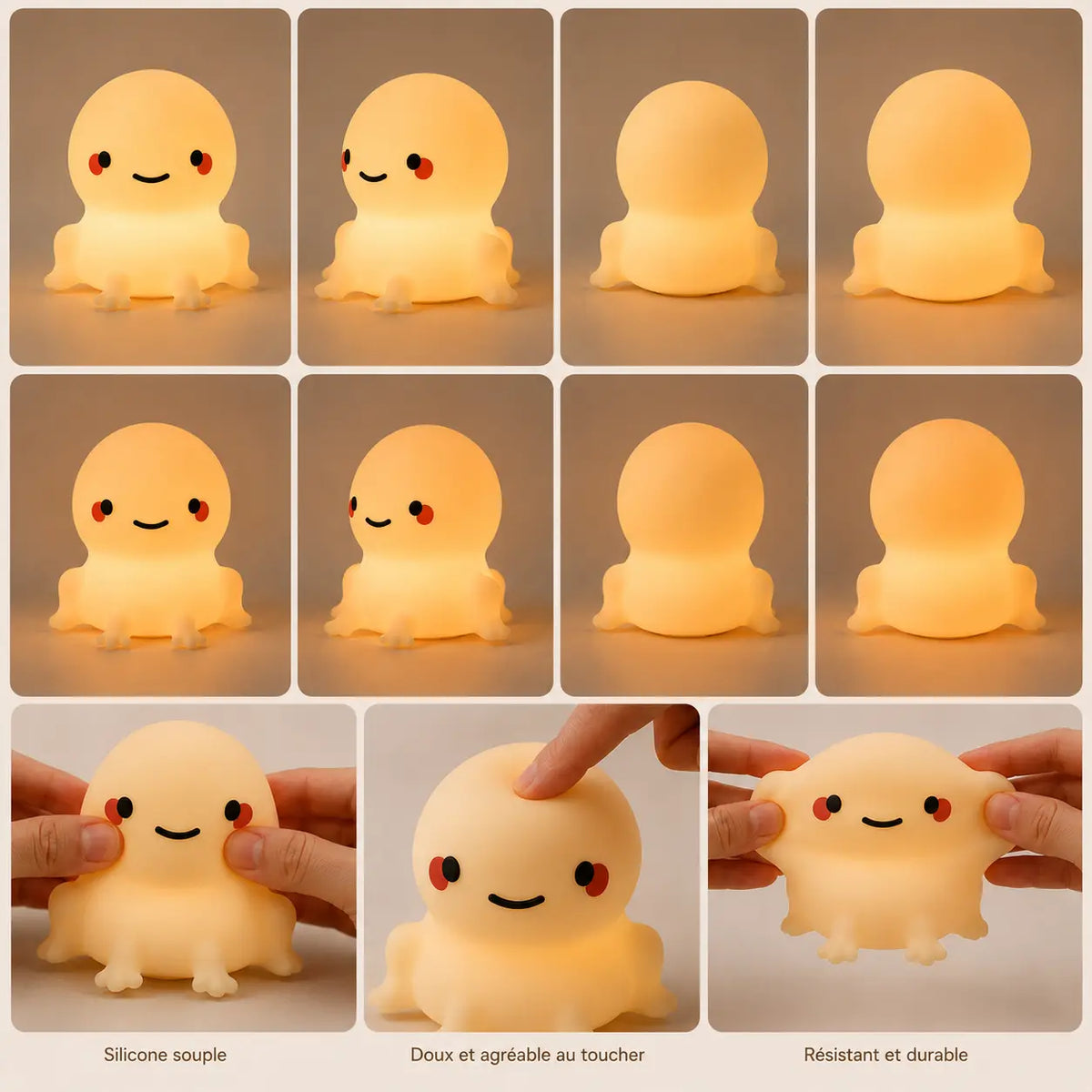 Petite veilleuse grenouille en silicone souple et incassable, montrant sa texture douce, flexible et résistante au toucher.
