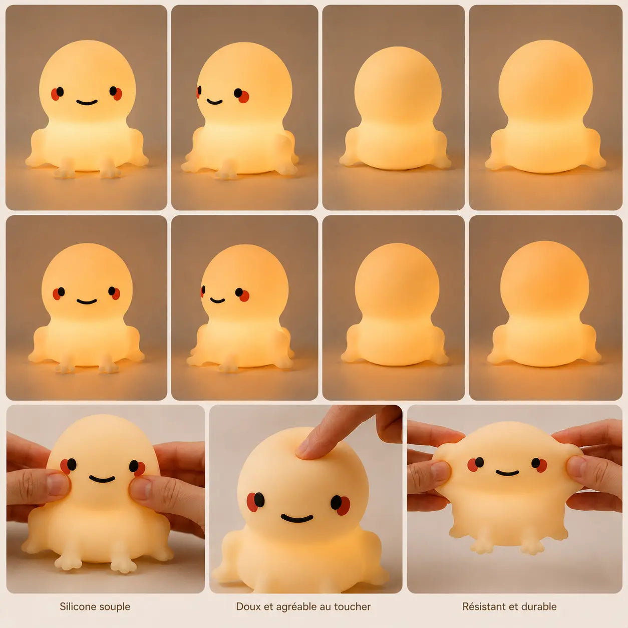 Petite veilleuse grenouille en silicone souple et incassable, montrant sa texture douce, flexible et résistante au toucher.