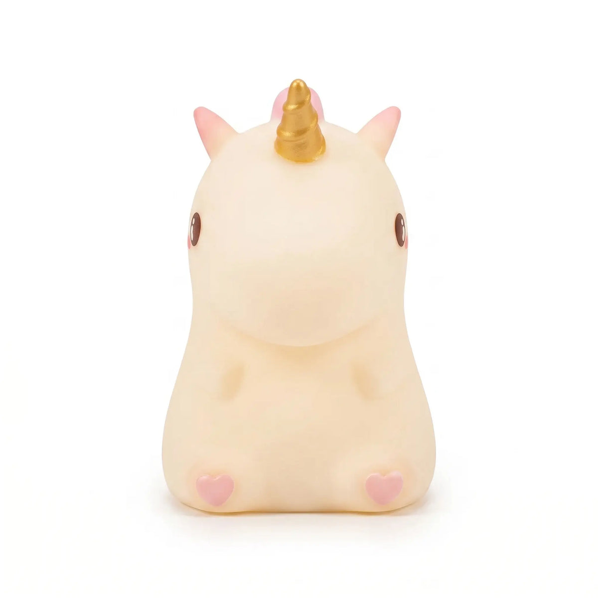 Petite veilleuse licorne en silicone blanc et rose avec une corne dorée, idéale pour la chambre d'enfant.