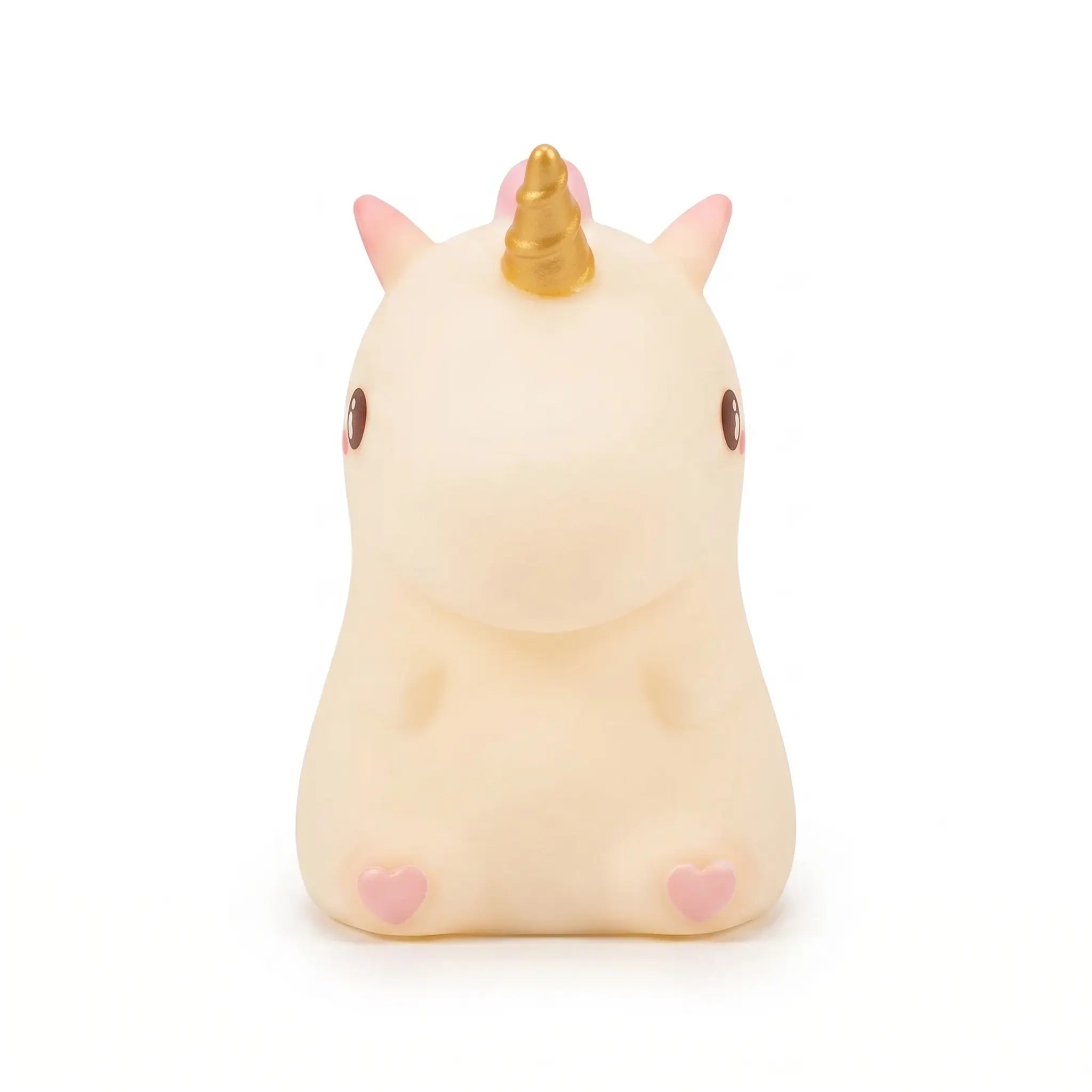 Petite veilleuse licorne en silicone blanc et rose avec une corne dorée, idéale pour la chambre d'enfant.