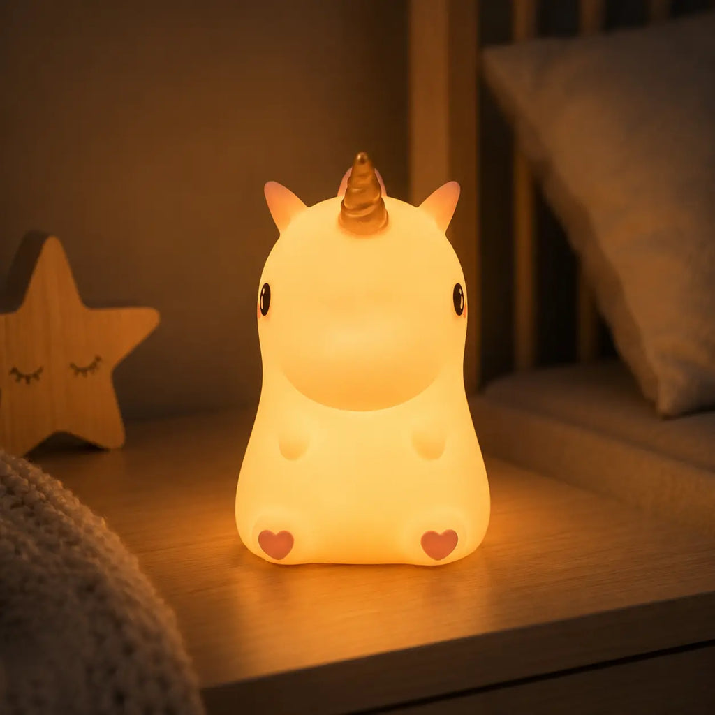 Petite veilleuse licorne en silicone souple émettant une lumière chaude et apaisante, posée sur une table de chevet en bois.