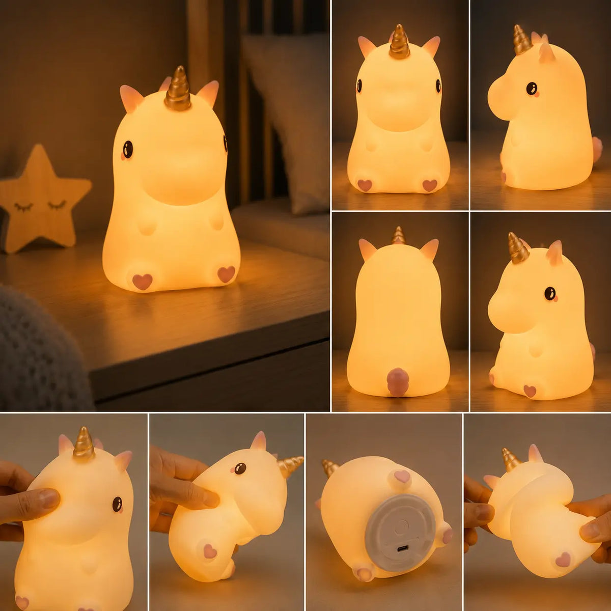 Grille de photos montrant la petite veilleuse licorne sous tous ses angles : vue de face, de profil, de dos, démonstration de la texture en silicone souple et incassable, et base de recharge USB.