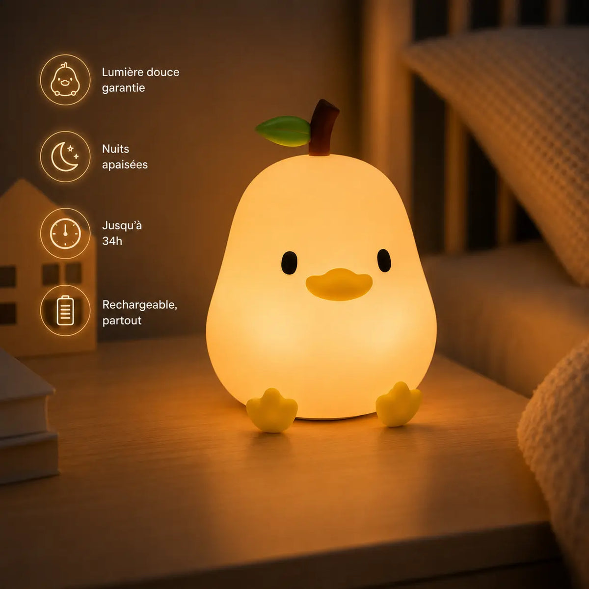 Petite veilleuse poussin en silicone rechargeable, illuminée d'une lumière douce et posée sur une table de chevet en bois dans une chambre d'enfant.