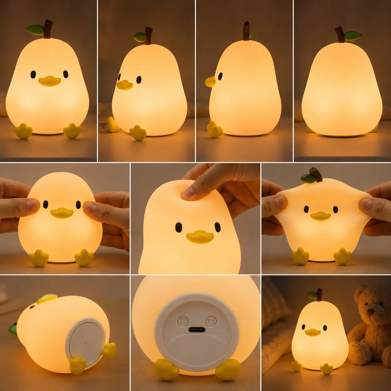 Petite veilleuse poussin en silicone souple et malaxable, montrant ses angles sous différents angles, sa recharge USB-C sous le socle et son utilisation en chambre d'enfant.