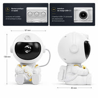Schéma technique présentant les boutons de contrôle, l'interface USB-C et les dimensions de face et de profil du projecteur astronaute fusée.