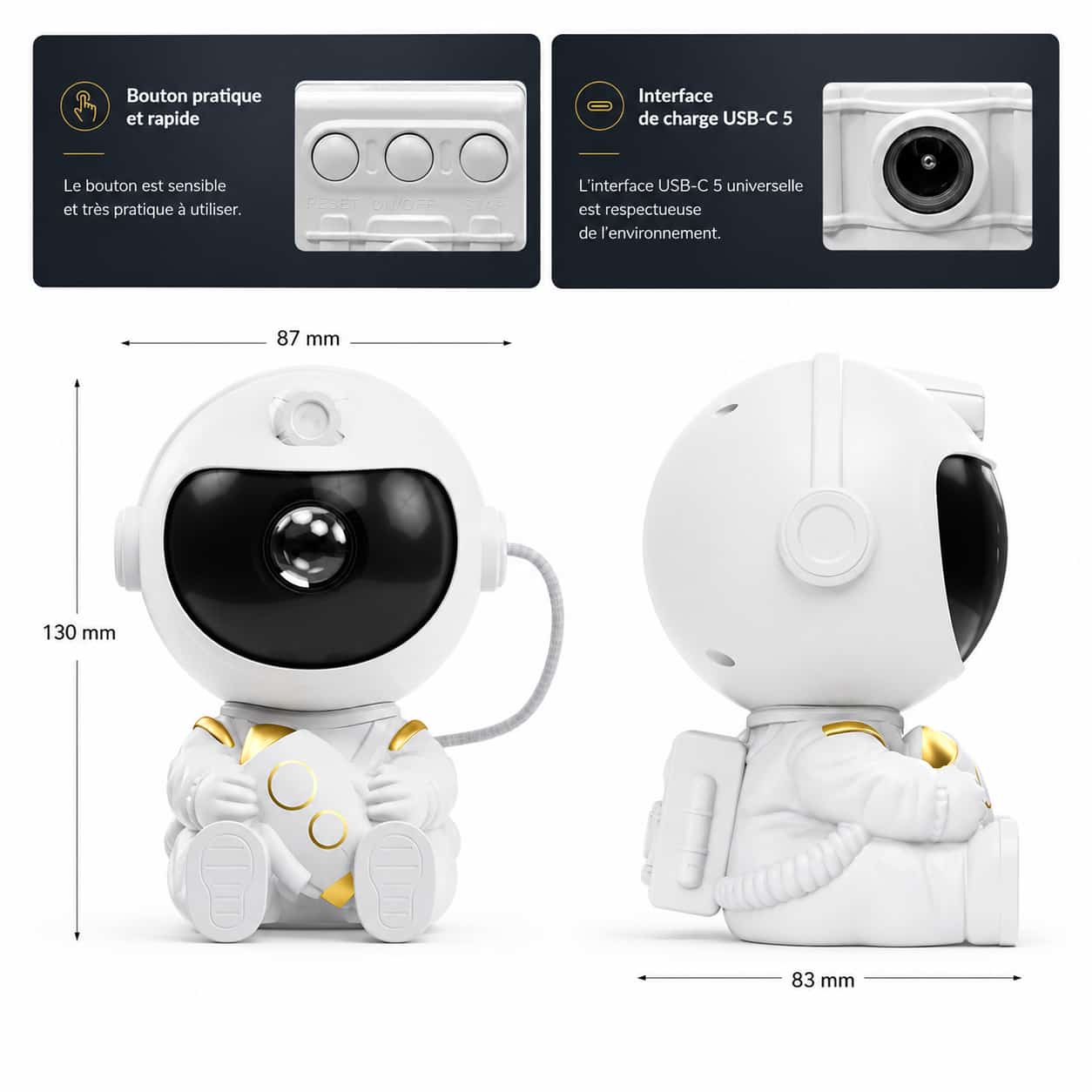 Schéma technique présentant les boutons de contrôle, l'interface USB-C et les dimensions de face et de profil du projecteur astronaute fusée.