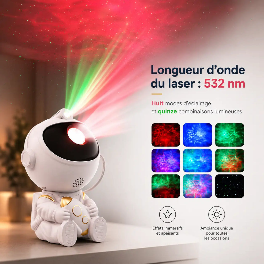 Infographie montrant le projecteur astronaute assis avec des détails dorés projetant une nébuleuse rouge, indiquant une longueur d'onde laser de 532 nm et quinze combinaisons lumineuses.