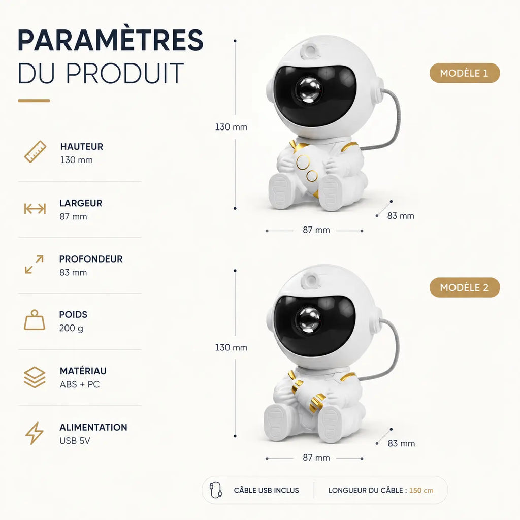 Tableau des paramètres techniques comparant le modèle 1 fusée et le modèle 2 aéronef avec les détails de hauteur, largeur, profondeur et poids.