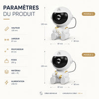 Tableau des paramètres techniques comparant le modèle 1 fusée et le modèle 2 aéronef avec les détails de hauteur, largeur, profondeur et poids.