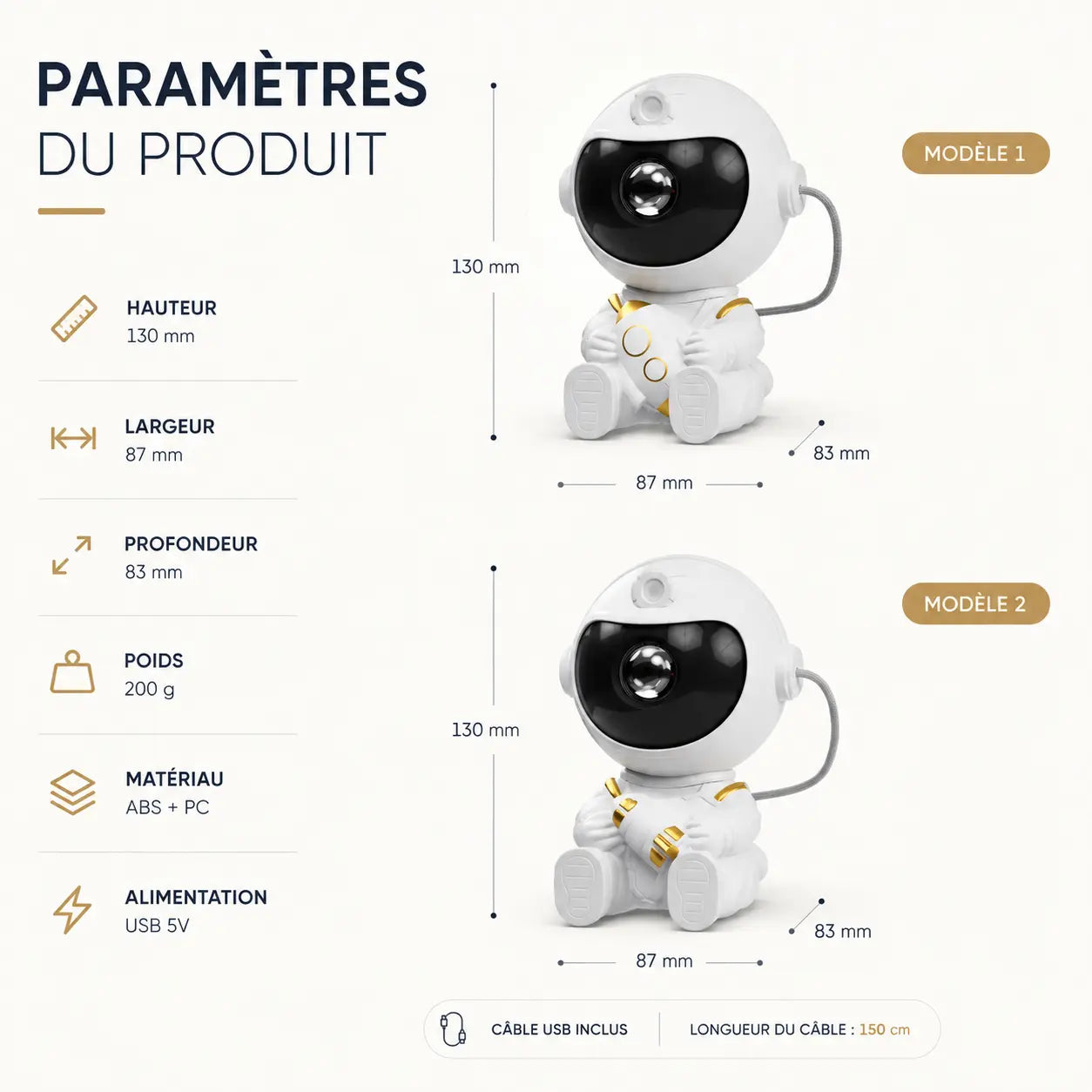 Tableau des paramètres techniques comparant le modèle 1 fusée et le modèle 2 aéronef avec les détails de hauteur, largeur, profondeur et poids.
