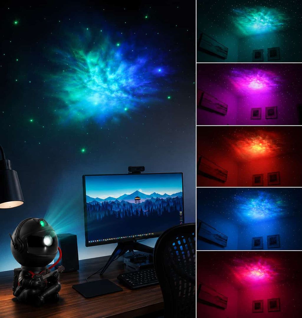 Projecteur astronaute noir installé sur un bureau gaming projetant des effets de galaxie au plafond avec différentes déclinaisons de couleurs.
