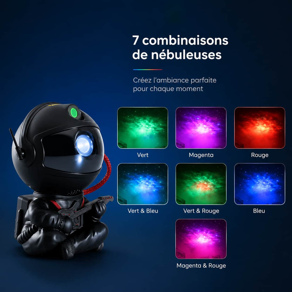 Infographie présentant les sept combinaisons de couleurs de nébuleuses disponibles avec le projecteur astronaute noir.