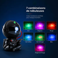 Infographie présentant les sept combinaisons de couleurs de nébuleuses disponibles avec le projecteur astronaute noir.