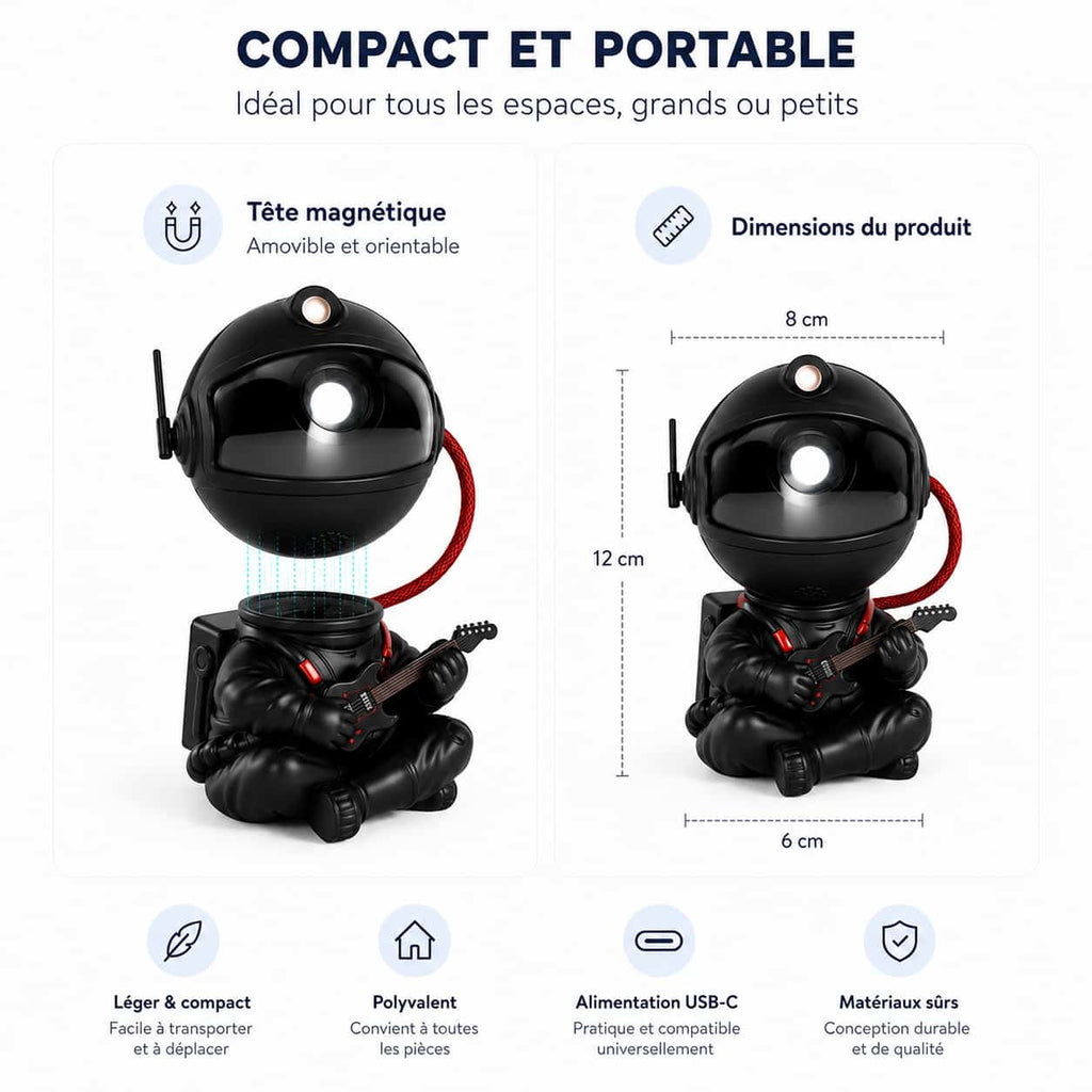Infographie détaillant la tête magnétique amovible et les dimensions du projecteur astronaute noir avec une hauteur de 12 cm.