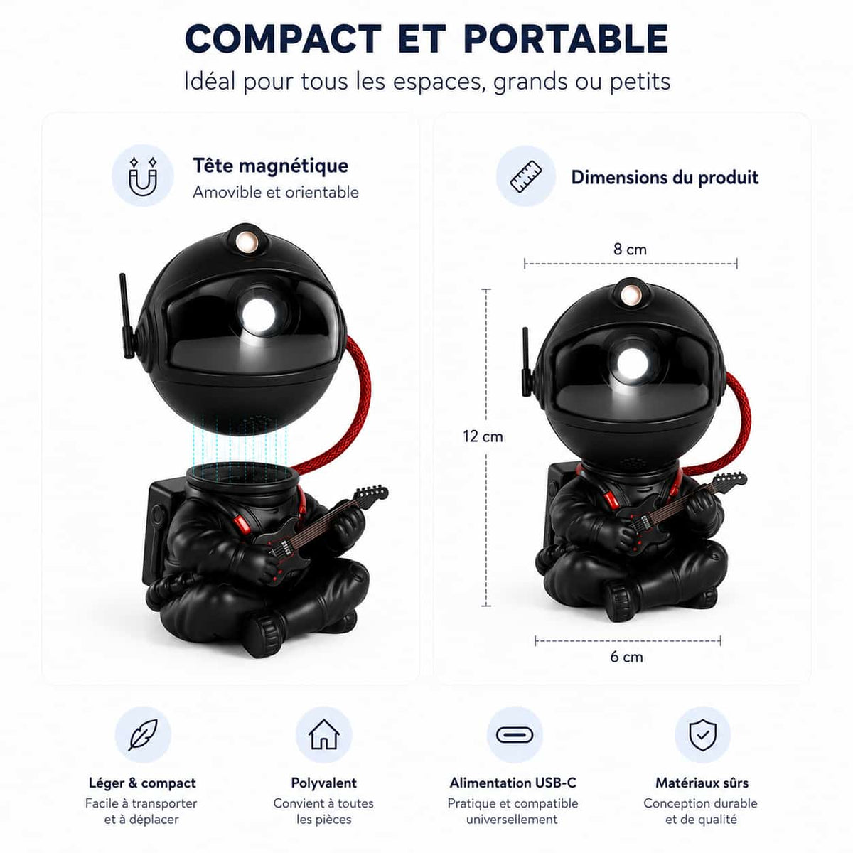 Infographie détaillant la tête magnétique amovible et les dimensions du projecteur astronaute noir avec une hauteur de 12 cm.