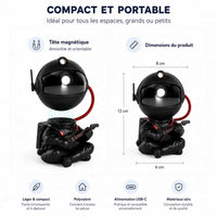 Infographie détaillant la tête magnétique amovible et les dimensions du projecteur astronaute noir avec une hauteur de 12 cm.
