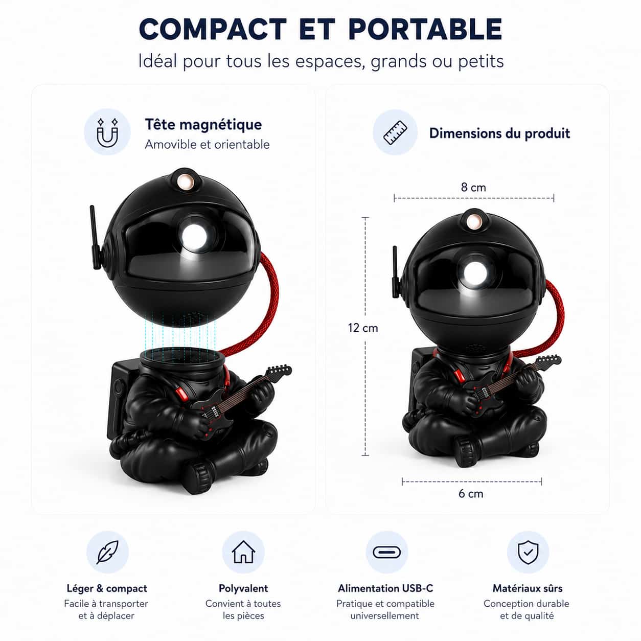 Infographie détaillant la tête magnétique amovible et les dimensions du projecteur astronaute noir avec une hauteur de 12 cm.