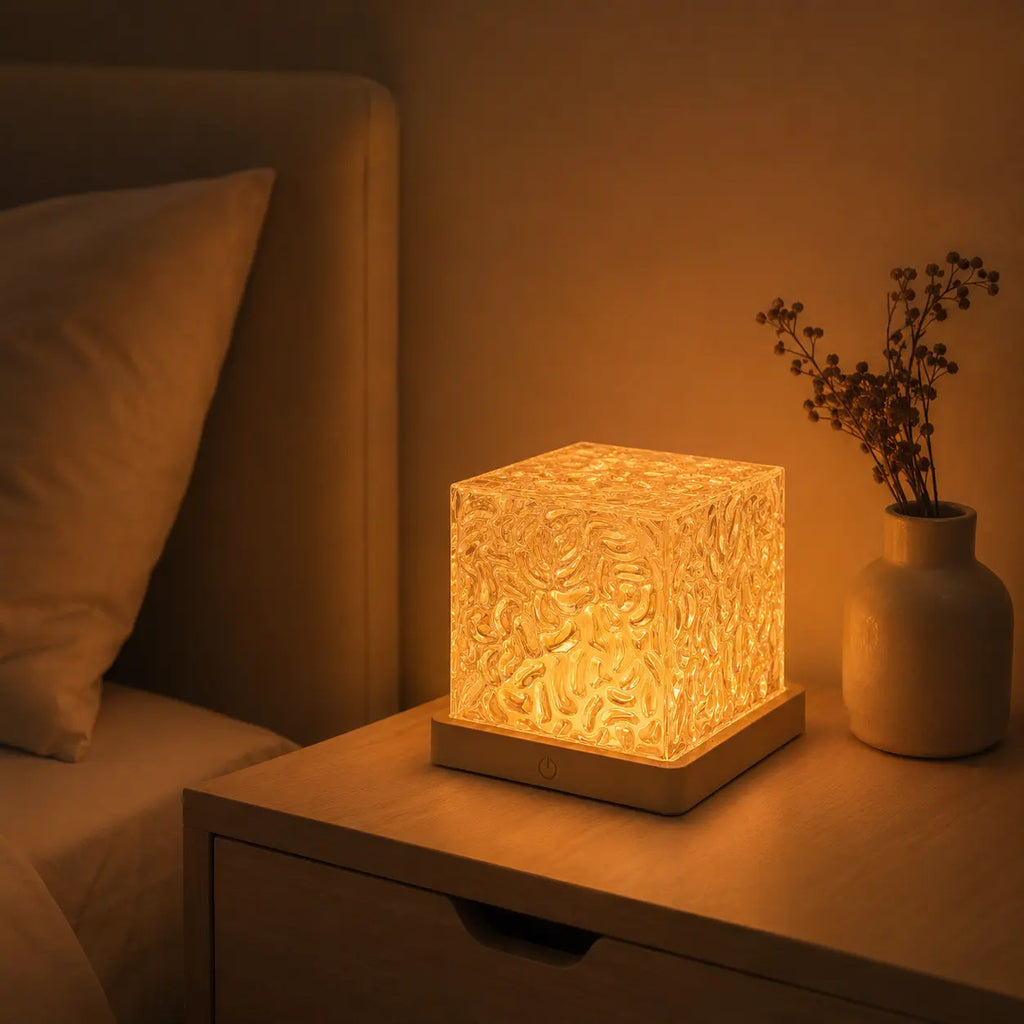 Projecteur plafond cube en cristal posé sur une table de chevet diffusant une lumière chaude apaisante