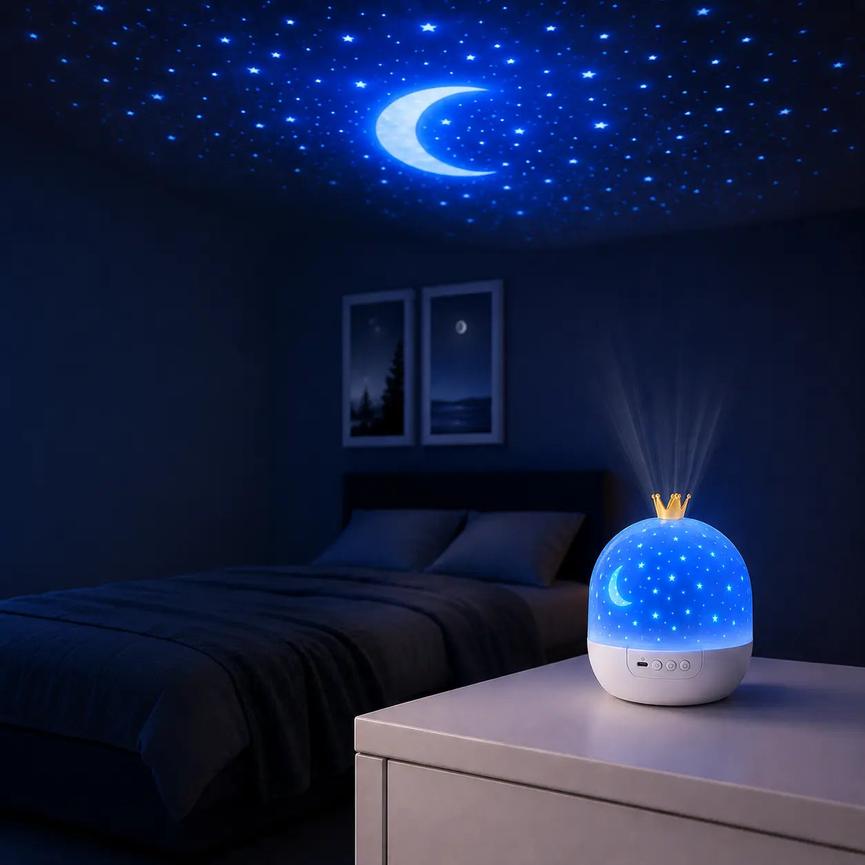 Projecteur étoilé allumé sur une table de chevet projetant un ciel nocturne avec un grand croissant de lune bleu sur tout le plafond d'une chambre.