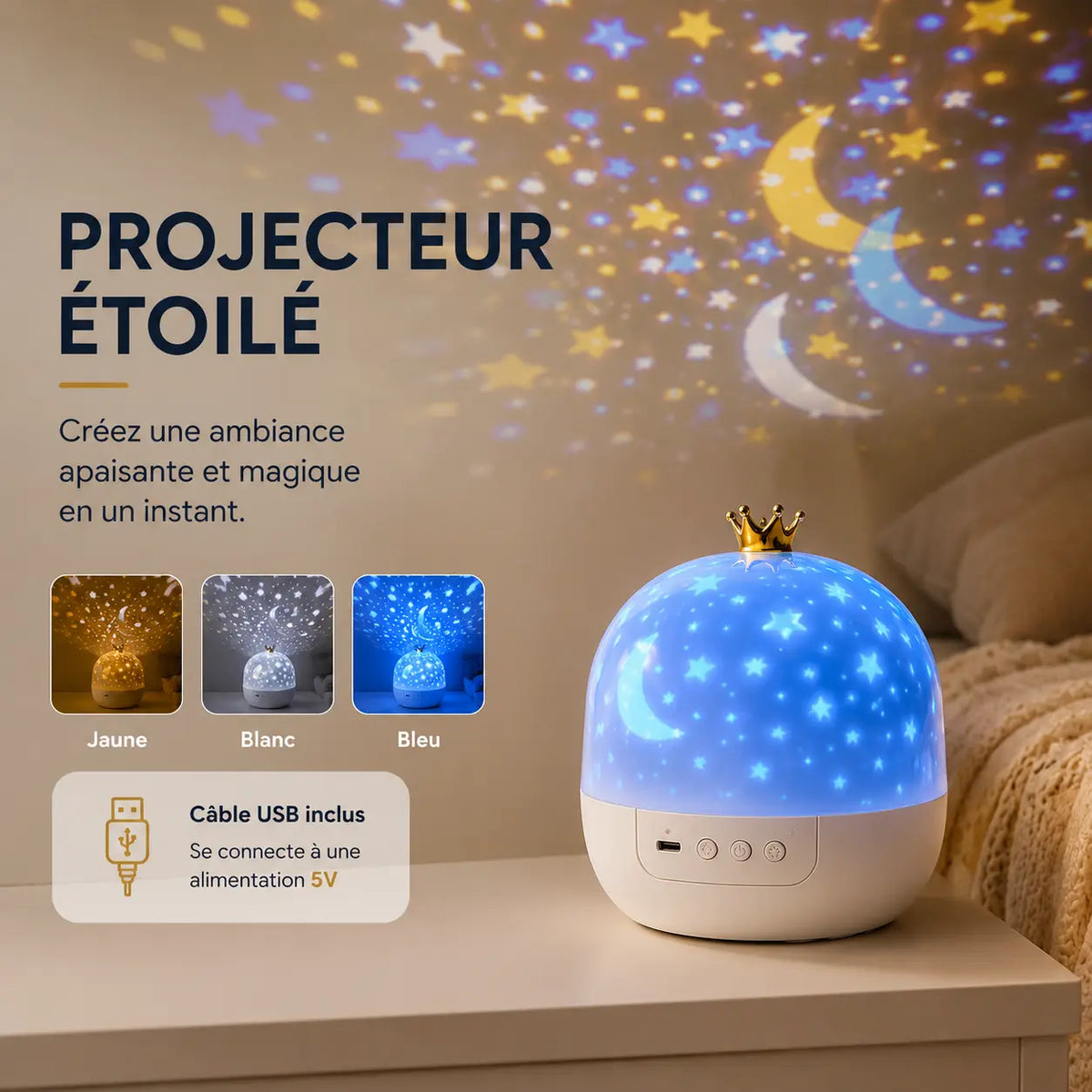 Infographie présentant le projecteur avec sa couronne dorée posé sur un meuble et affichant ses trois variantes de couleurs : jaune, blanc et bleu.