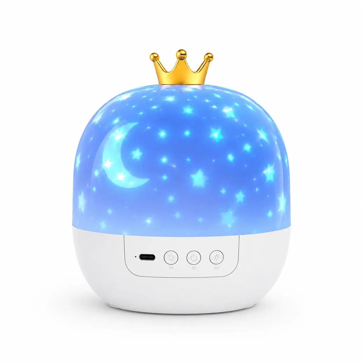 Projecteur veilleuse étoilé de forme ronde avec une petite couronne dorée sur le dessus, affichant un décor lumineux de lune et d'étoiles bleues sur fond blanc.