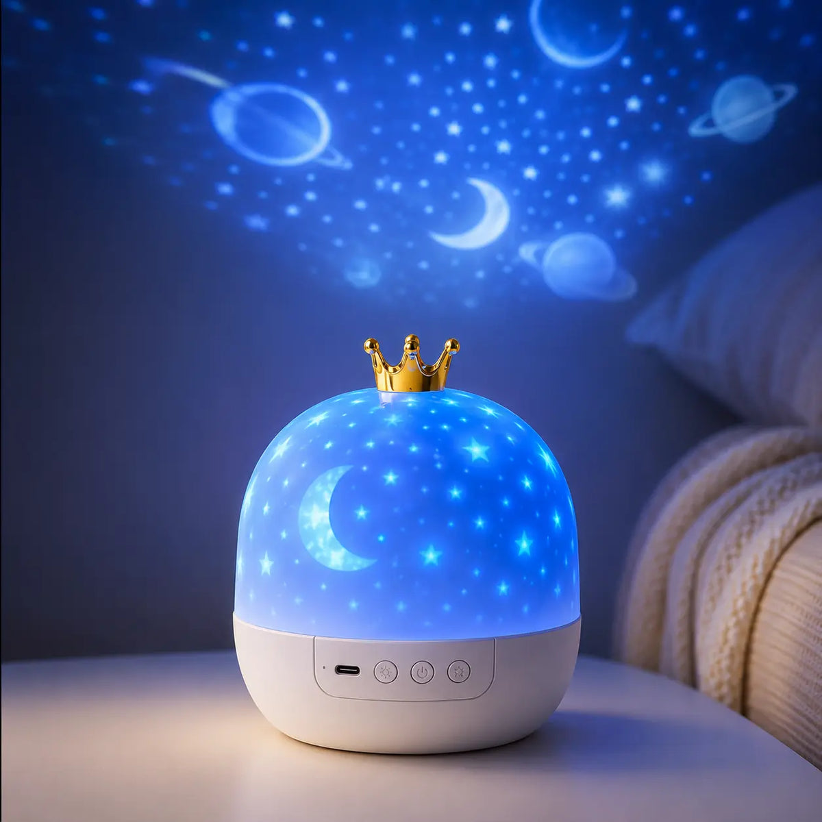 Projecteur veilleuse avec sa couronne dorée diffusant une lumière bleue et projetant des motifs de planètes, de lunes et de galaxies sur le mur de la chambre.