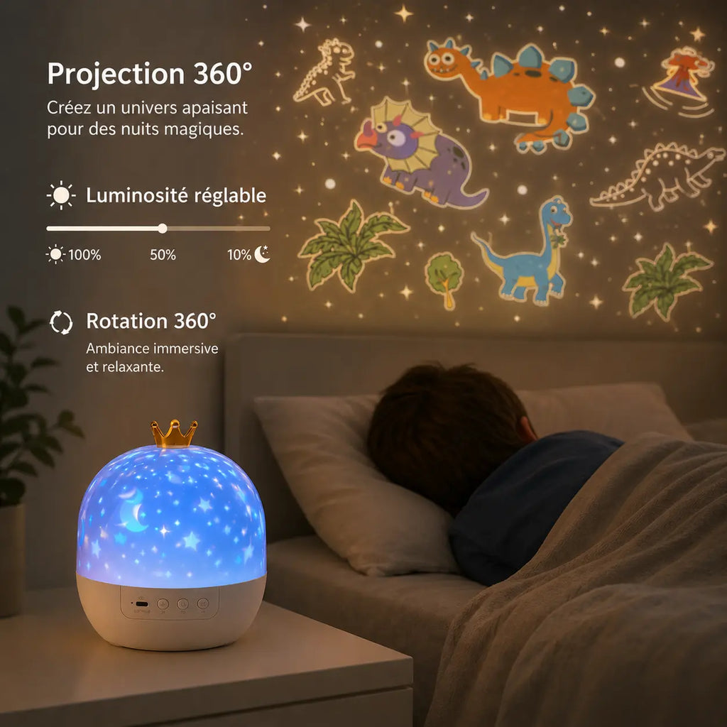 Infographie montrant la veilleuse qui projette des motifs de dinosaures colorés sur le mur à côté d'un enfant qui dort, avec des détails sur la luminosité réglable et la rotation à 360 degrés.