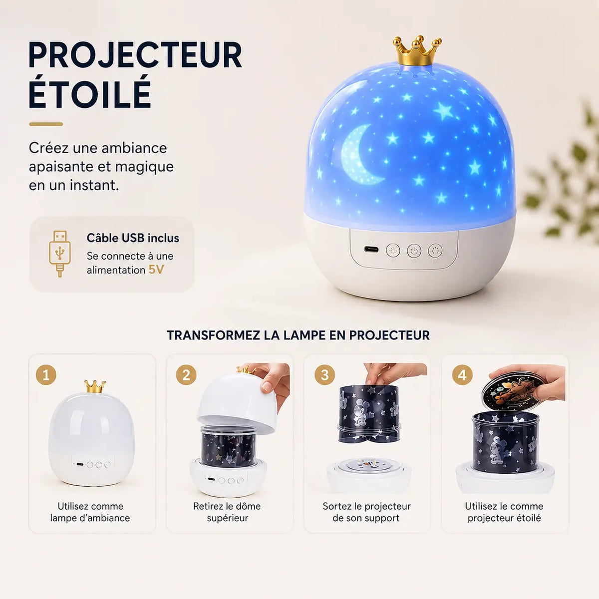 Infographie montrant en quatre étapes comment retirer le dôme supérieur de la veilleuse pour la transformer en projecteur étoilé.