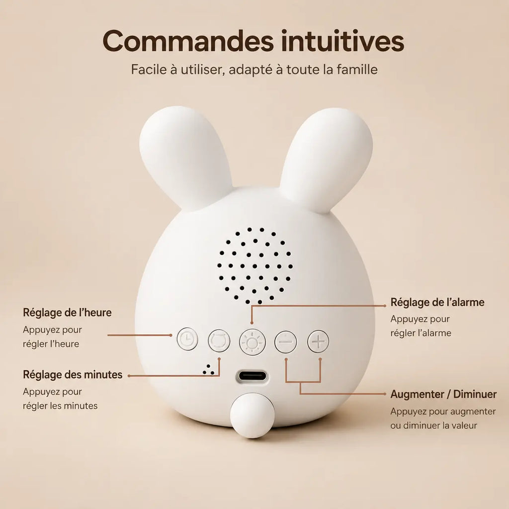 Infographie détaillée présentant les boutons de commandes intuitives à l'arrière du réveil lapin pour le réglage de l'heure, des minutes et de l'alarme.