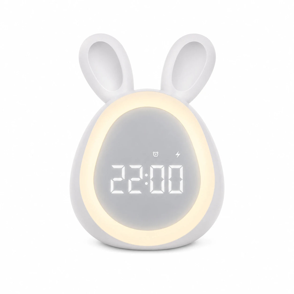 Réveil lapin LED blanc avec un anneau lumineux allumé autour de l'écran numérique affichant l'heure sur fond blanc.