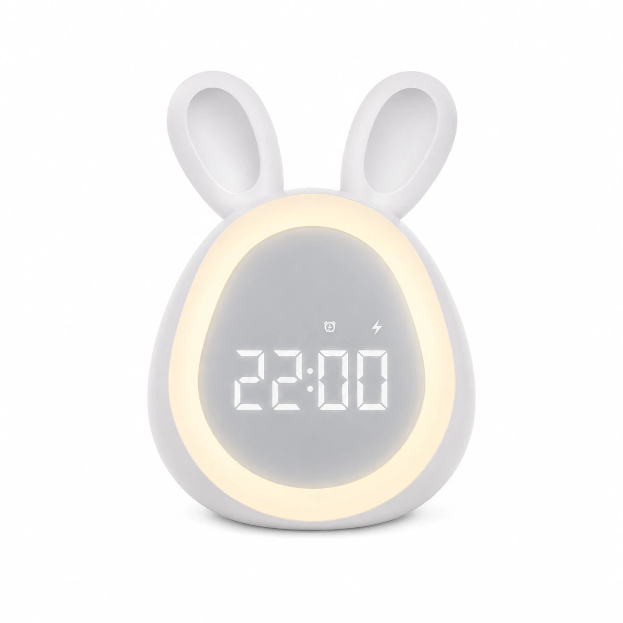 Réveil lapin LED blanc avec un anneau lumineux allumé autour de l'écran numérique affichant l'heure sur fond blanc.