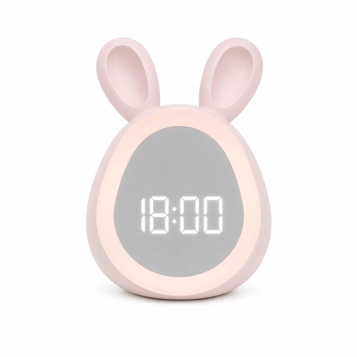 Réveil lapin LED rose avec un affichage numérique de l'heure sur fond blanc.