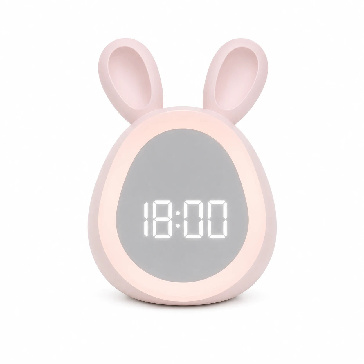 Réveil lapin LED rose avec un affichage numérique de l'heure sur fond blanc.