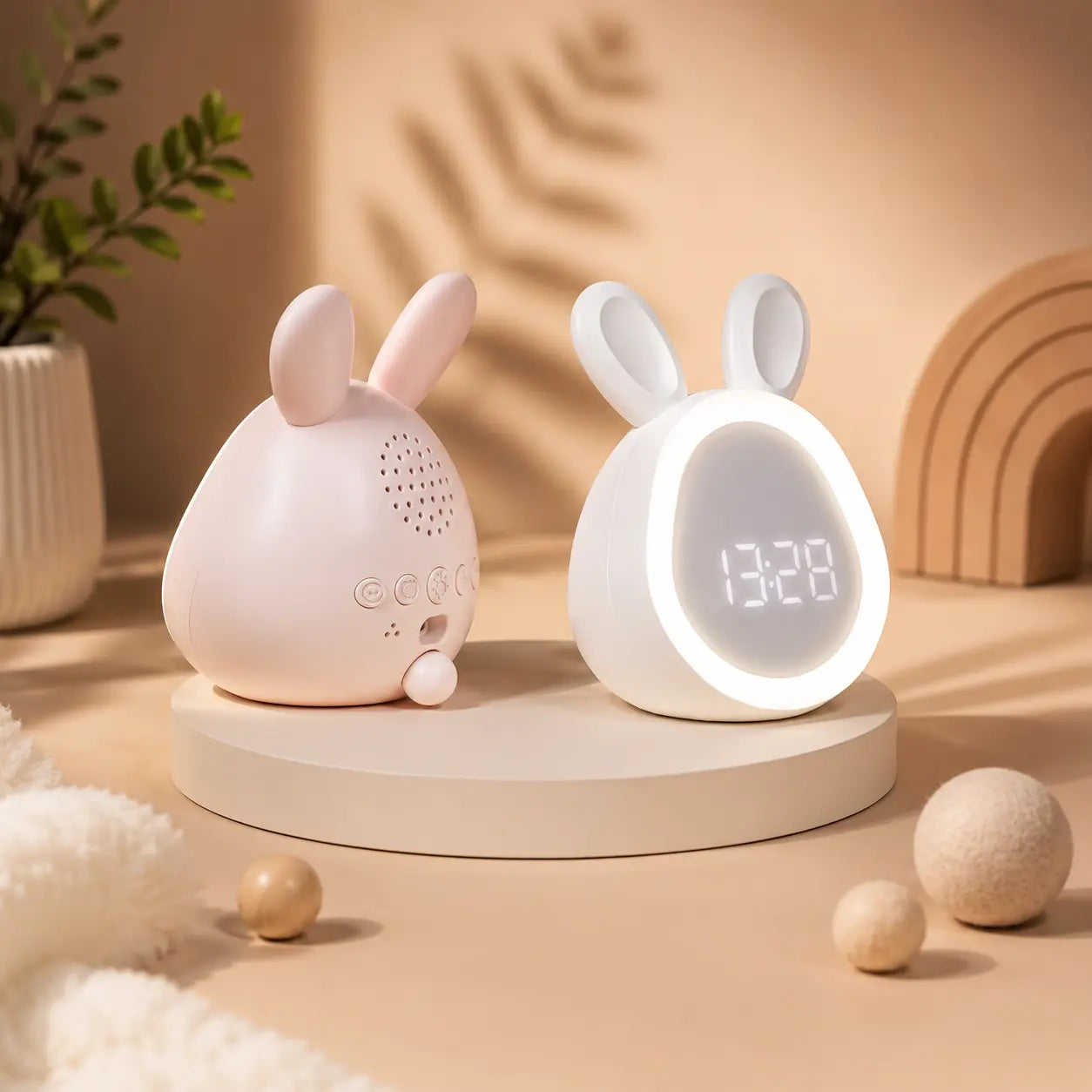 Réveils lapins LED rose et blanc disposés sur un socle beige dans un décor doux avec de petits objets en bois.