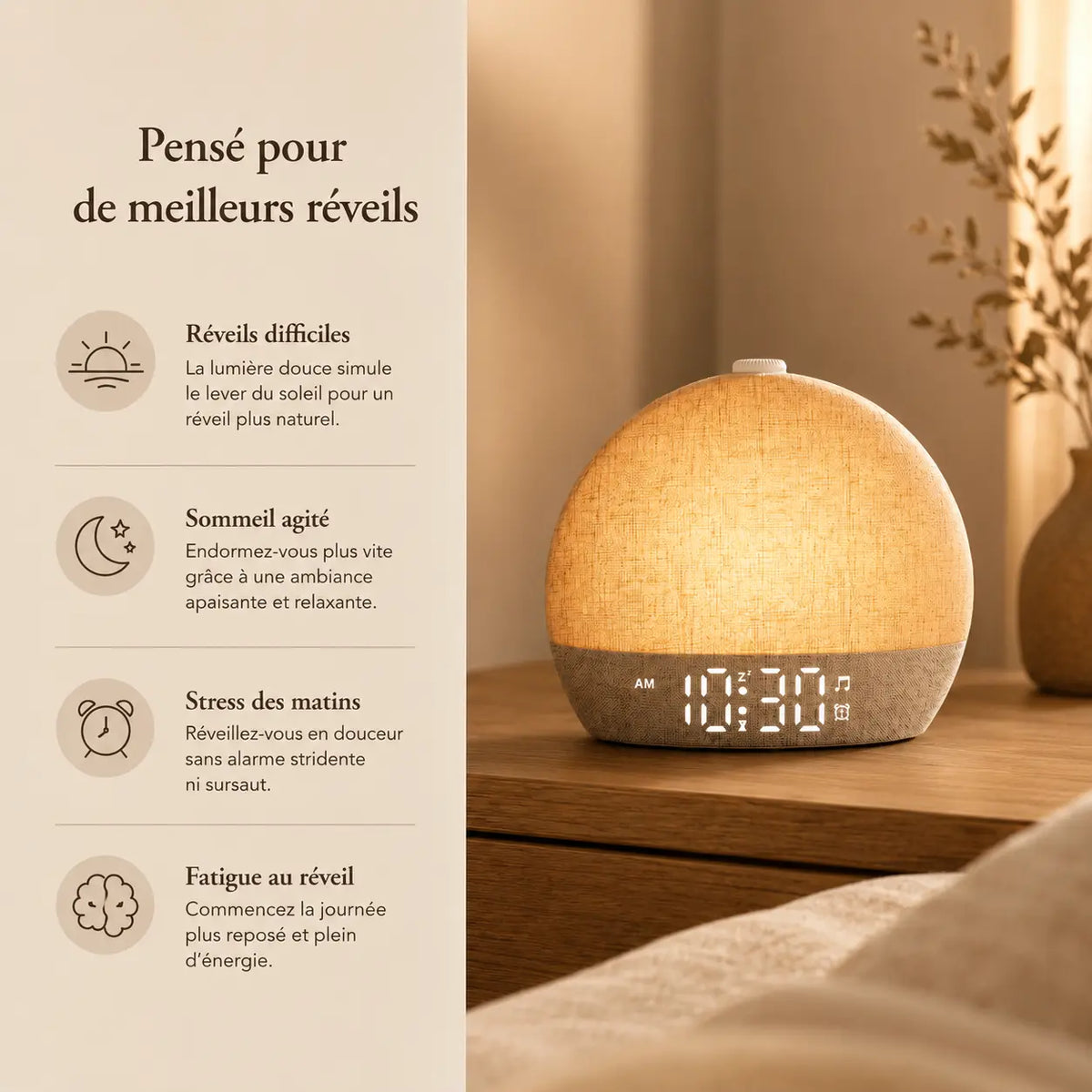 Réveil simulateur d’aube adulte beige lumineux posé sur une table de chevet en bois dans une chambre chaleureuse
