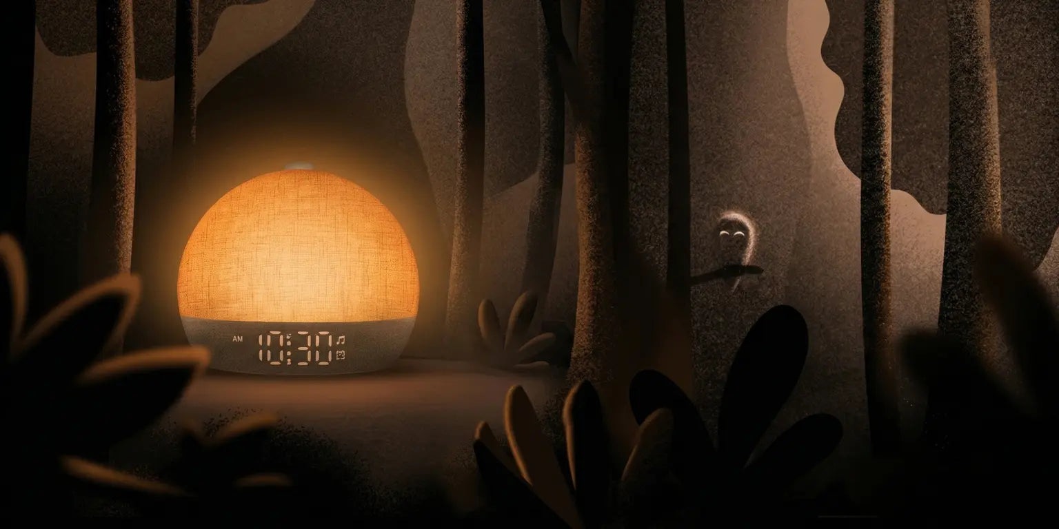 Réveil simulateur d’aube diffusant une lumière chaude et douce dans une forêt en pleine nuit.