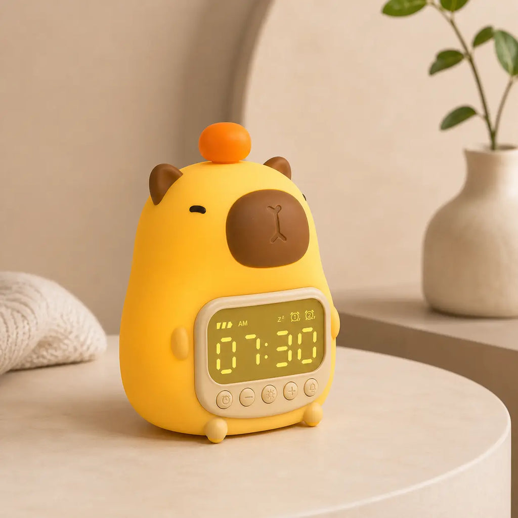 Réveil veilleuse capybara posé sur une table ronde blanche à côté d'un vase en céramique.