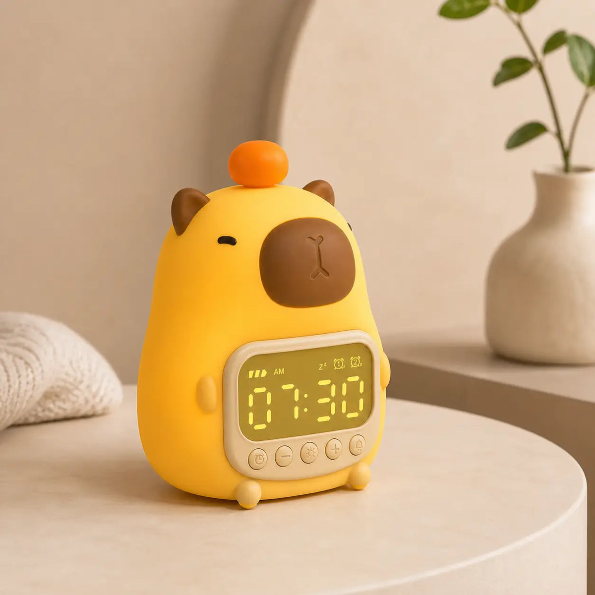 Réveil veilleuse capybara posé sur une table ronde blanche à côté d'un vase en céramique.