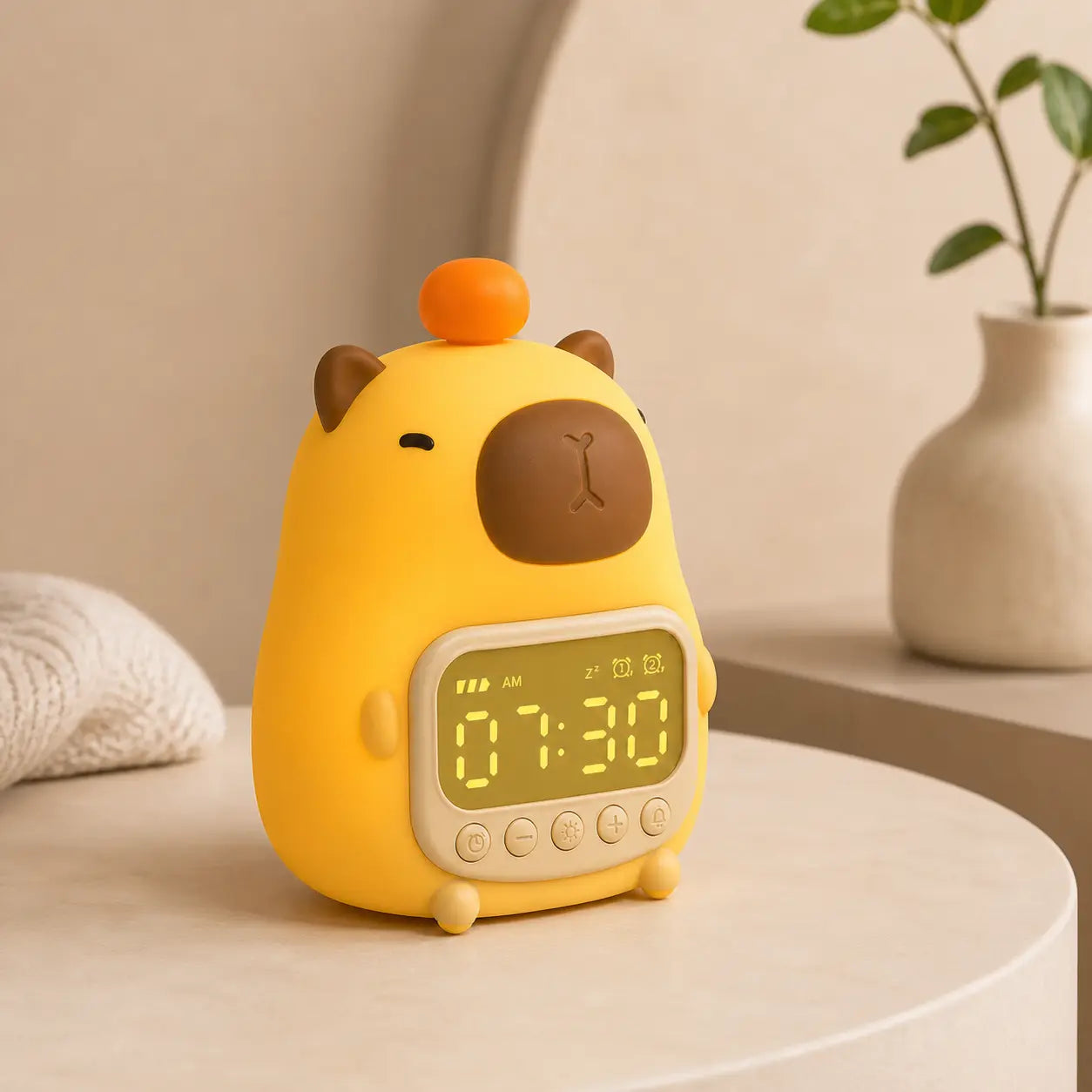 Réveil veilleuse capybara posé sur une table ronde blanche à côté d'un vase en céramique.