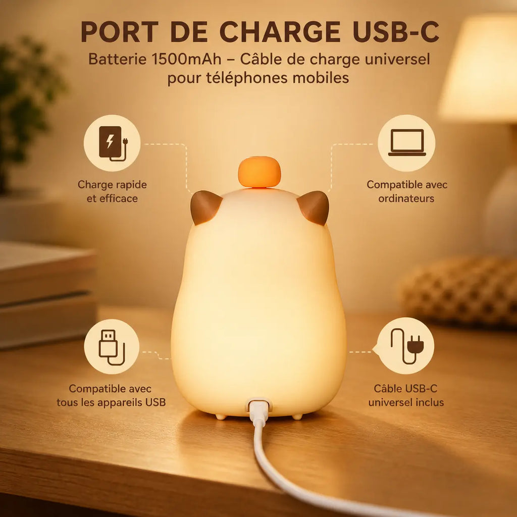 Infographie détaillant le port de charge USB-C et la batterie à l'arrière du réveil veilleuse capybara.
